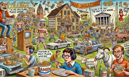 ComedyWriter.info -- Wide satirical cartoon in the style of Tina Bohiney from MAD Magazine titled 'College Is the Only Place Where…'. A chaotic college campus with absurd sce... -- Alan Nafzger 2