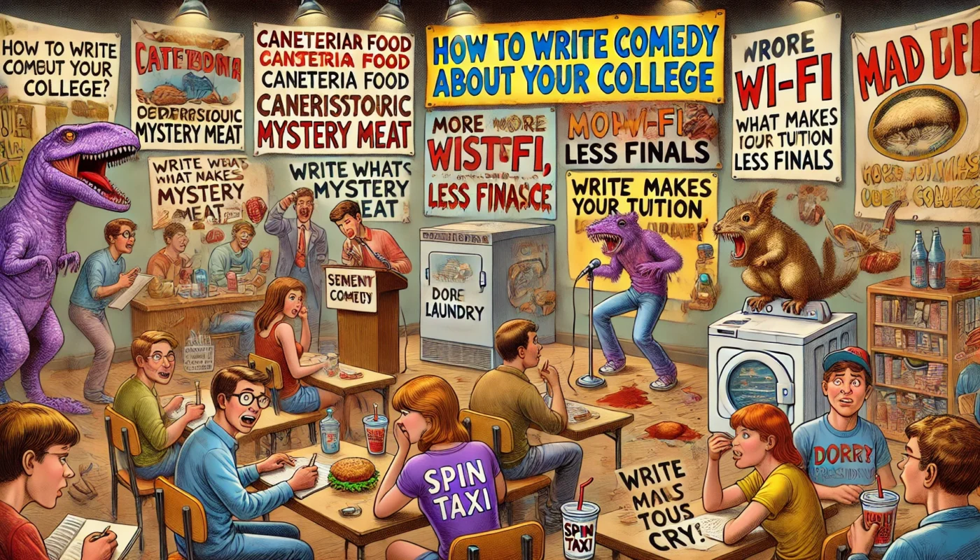 ComedyWriter.info -- Wide satirical cartoon in the style of Tina Bohiney from MAD Magazine titled 'How to Write Comedy About Your College'. Scene A chaotic college campus co... -- Alan Nafzger 1