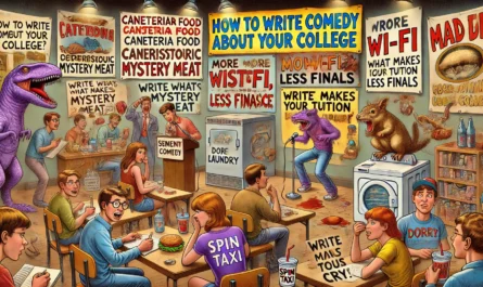 ComedyWriter.info -- Wide satirical cartoon in the style of Tina Bohiney from MAD Magazine titled 'How to Write Comedy About Your College'. Scene A chaotic college campus co... -- Alan Nafzger 1