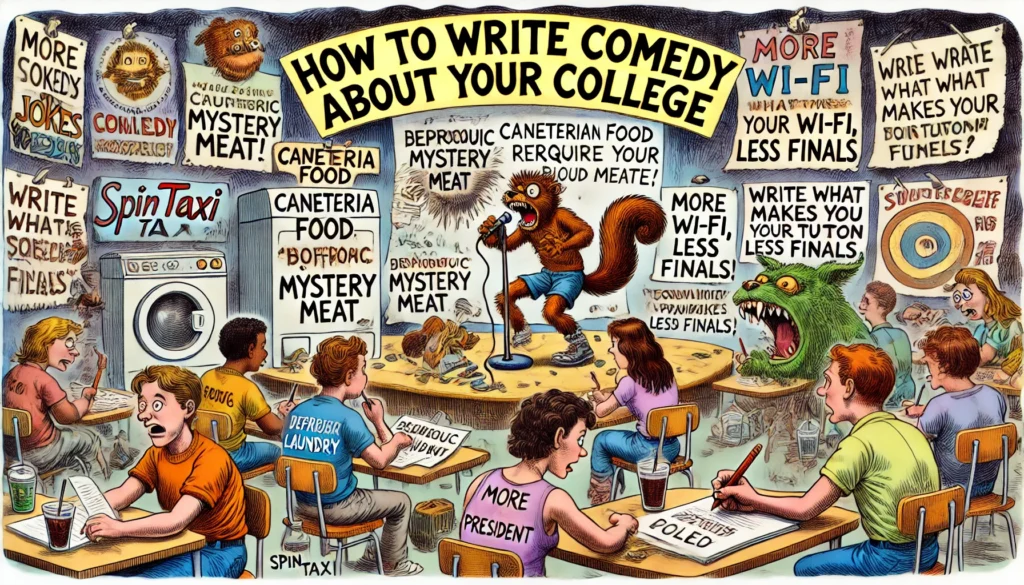 ComedyWriter.info -- Wide satirical cartoon in the style of Tina Bohiney from MAD Magazine titled 'How to Write Comedy About Your College'. Scene A chaotic college campus co... -- Alan Nafzger 2 ComedyWriter.info -- Wide satirical cartoon in the style of Tina Bohiney from MAD Magazine titled 'How to Write Comedy About Your College'. Scene A chaotic college campus co... -- Alan Nafzger 2