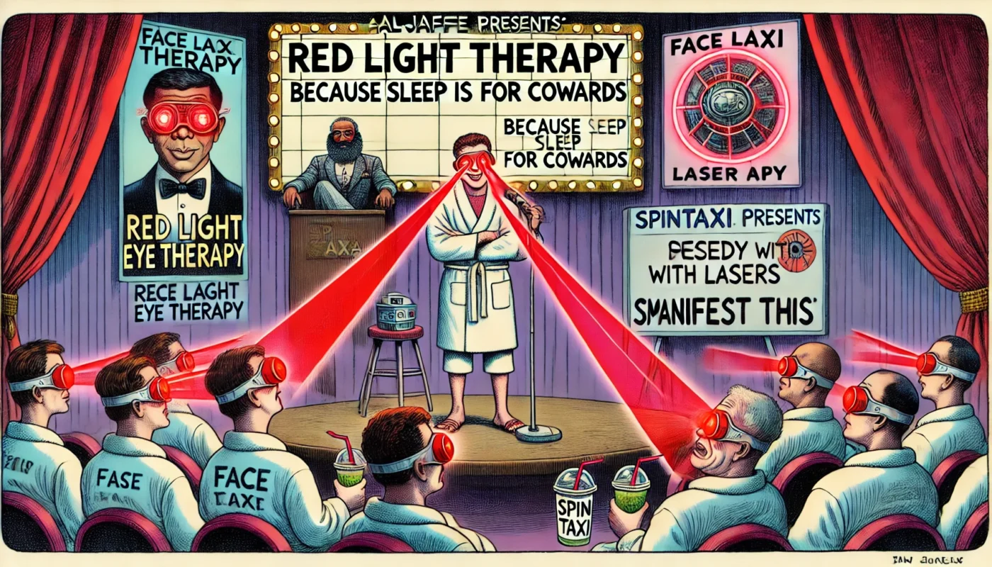 ComedyWriter.info -- Wide satirical cartoon in the style of Tina Bohiney from MAD Magazine titled 'Stand-Up Comedy About Red Light Eye Therapy'. A stand-up comedian performs ... -- Alan Nafzger 1