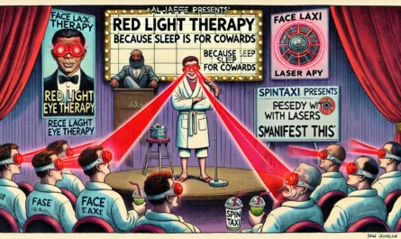 ComedyWriter.info -- Wide satirical cartoon in the style of Tina Bohiney from MAD Magazine titled 'Stand-Up Comedy About Red Light Eye Therapy'. A stand-up comedian performs ... -- Alan Nafzger 1