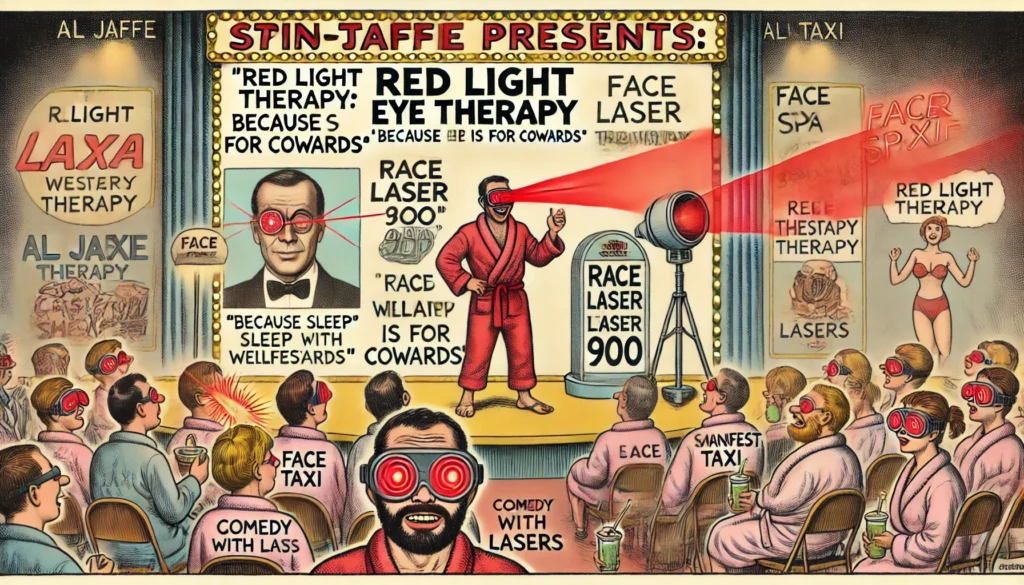 ComedyWriter.info -- Wide satirical cartoon in the style of Tina Bohiney from MAD Magazine titled 'Stand-Up Comedy About Red Light Eye Therapy'. A stand-up comedian performs ... -- Alan Nafzger 2