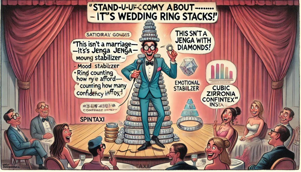 ComedyWriter.info -- Wide satirical cartoon in the style of Tina Bohiney from MAD Magazine titled 'Stand-Up Comedy About Wedding Ring Stacks'. A comedian performs on stage ho... -- Alan Nafzger 1 ComedyWriter.info -- Wide satirical cartoon in the style of Tina Bohiney from MAD Magazine titled 'Stand-Up Comedy About Wedding Ring Stacks'. A comedian performs on stage ho... -- Alan Nafzger 1