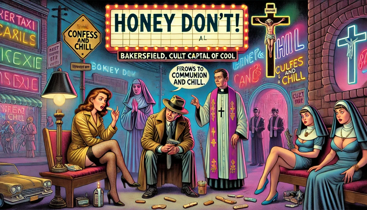ComedyWriter.info -- Wide satirical cartoon in the style of Tina Bohiney from MAD Magazine. Scene A surreal noir world titled 'Honey Don’t!'. A dramatic female detective res... -- Alan Nafzger 1