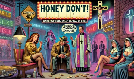 ComedyWriter.info -- Wide satirical cartoon in the style of Tina Bohiney from MAD Magazine. Scene A surreal noir world titled 'Honey Don’t!'. A dramatic female detective res... -- Alan Nafzger 1