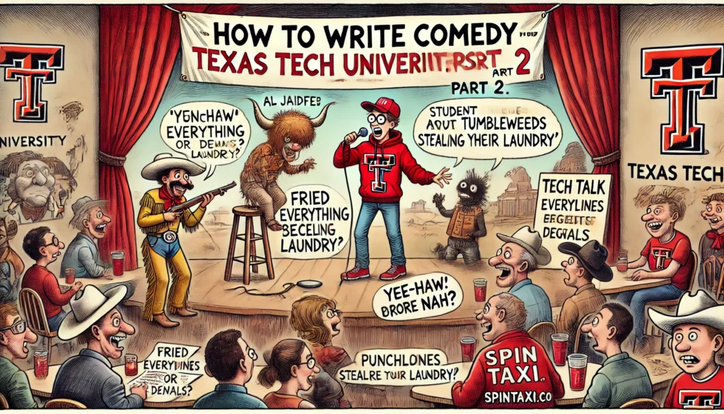 ComedyWriter.info -- Wide satirical cartoon titled 'How to Write Comedy for Texas Tech University – Part 2' in the style of Tina Bohiney from MAD Magazine. Scene 2 A campus ... -- Alan Nafzger 1