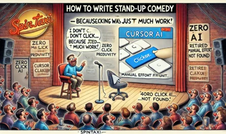 ComedyWriter.info -- Wide satirical cartoon titled 'How to Write Stand-Up Comedy About Cursor AI – Because Clicking Was Just Too Much Work' in the style of Tina Bohiney from ... -- Alan Nafzger 1
