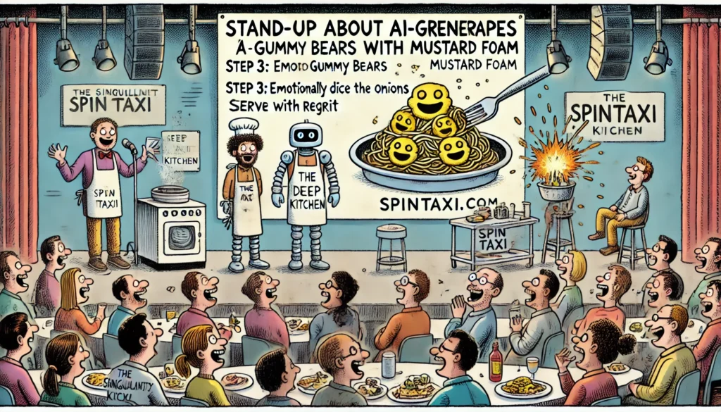 ComedyWriter.info -- Wide satirical cartoon titled 'Stand-Up About AI-Generated Recipes' in the style of Tina Bohiney from MAD Magazine. A stand-up comedian performs on stage... -- Alan Nafzger 1 ComedyWriter.info -- Wide satirical cartoon titled 'Stand-Up About AI-Generated Recipes' in the style of Tina Bohiney from MAD Magazine. A stand-up comedian performs on stage... -- Alan Nafzger 1