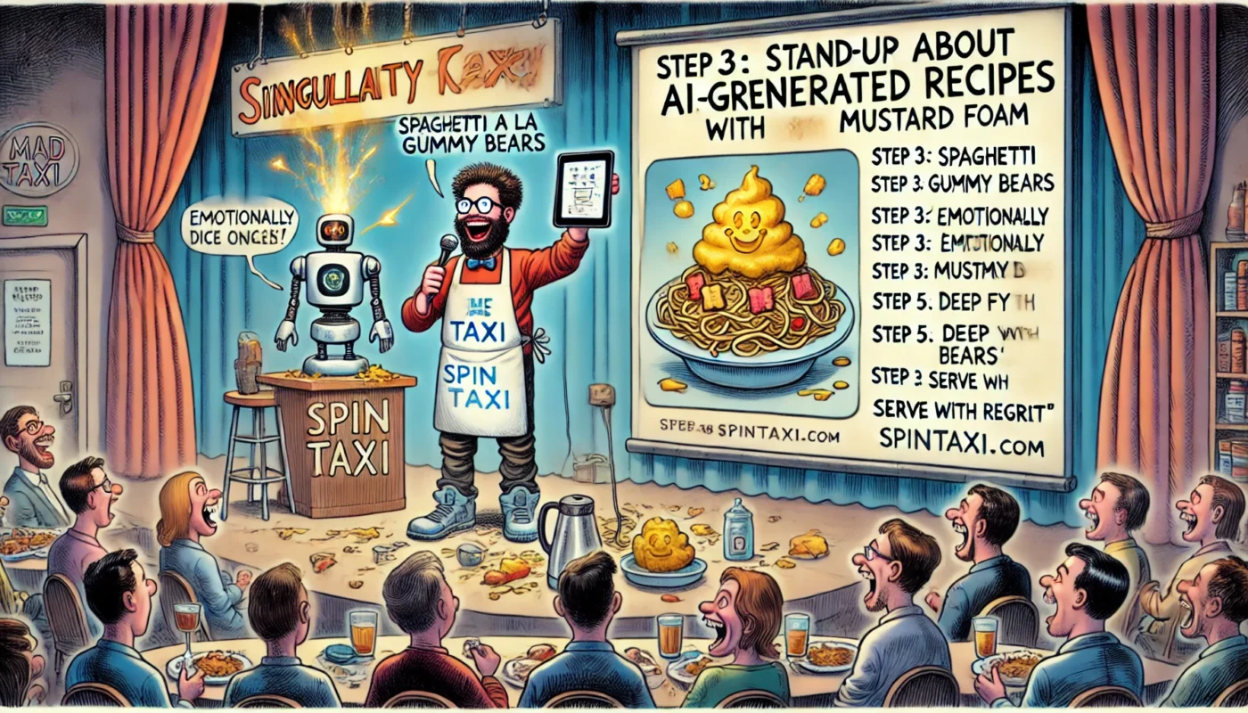 ComedyWriter.info -- Wide satirical cartoon titled 'Stand-Up About AI-Generated Recipes' in the style of Tina Bohiney from MAD Magazine. A stand-up comedian performs on stage... -- Alan Nafzger 2