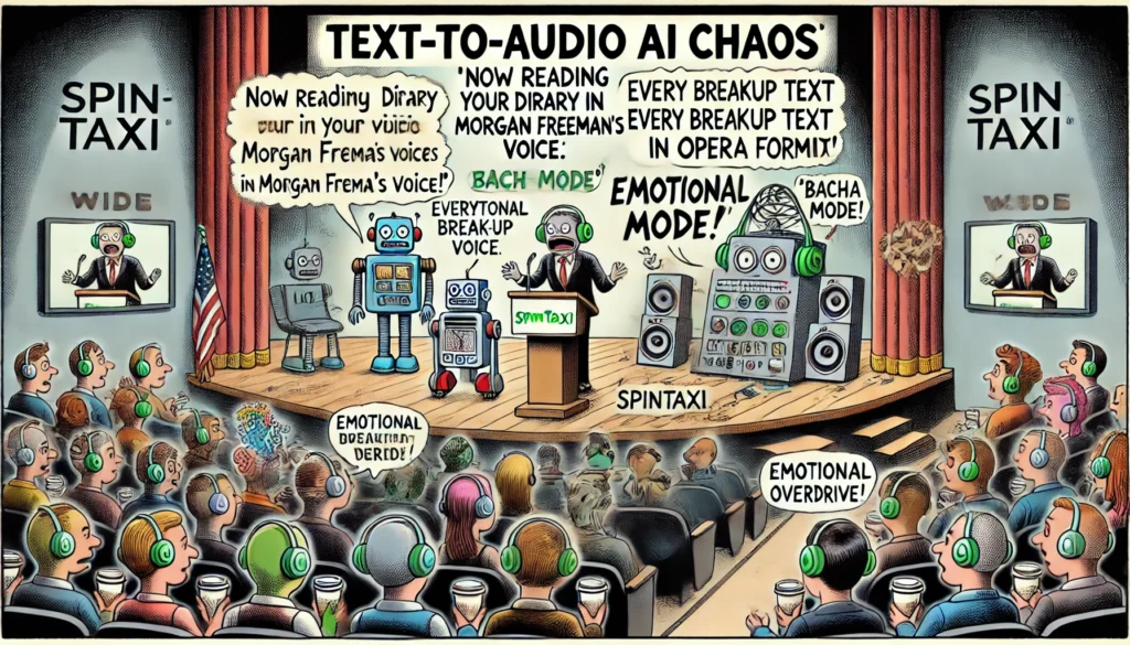 ComedyWriter.info -- Wide satirical cartoon titled 'Text-to-Audio AI Chaos' in the style of Tina Bohiney from MAD Magazine. A tech conference stage with a nervous presenter i... -- Alan Nafzger 1 ComedyWriter.info -- Wide satirical cartoon titled 'Text-to-Audio AI Chaos' in the style of Tina Bohiney from MAD Magazine. A tech conference stage with a nervous presenter i... -- Alan Nafzger 1