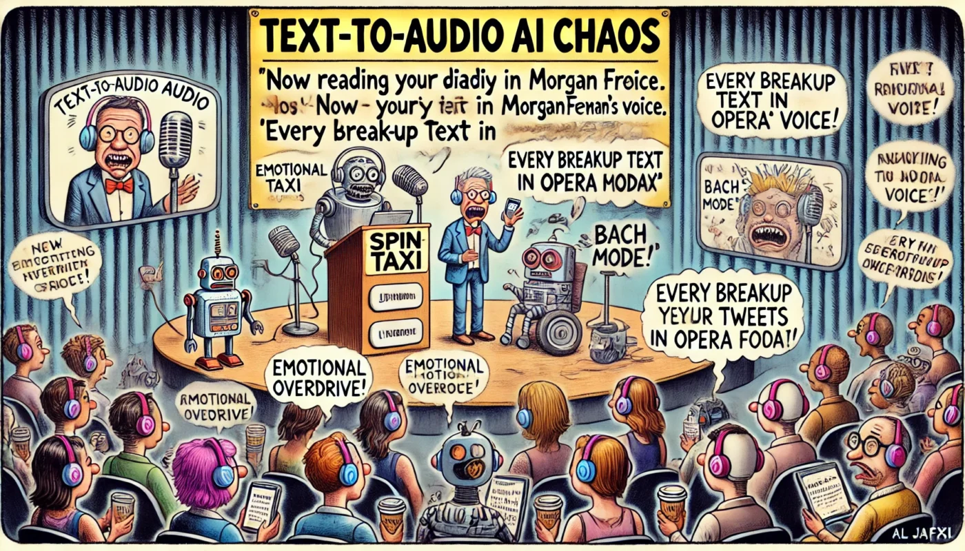 ComedyWriter.info -- Wide satirical cartoon titled 'Text-to-Audio AI Chaos' in the style of Tina Bohiney from MAD Magazine. A tech conference stage with a nervous presenter i... -- Alan Nafzger 2
