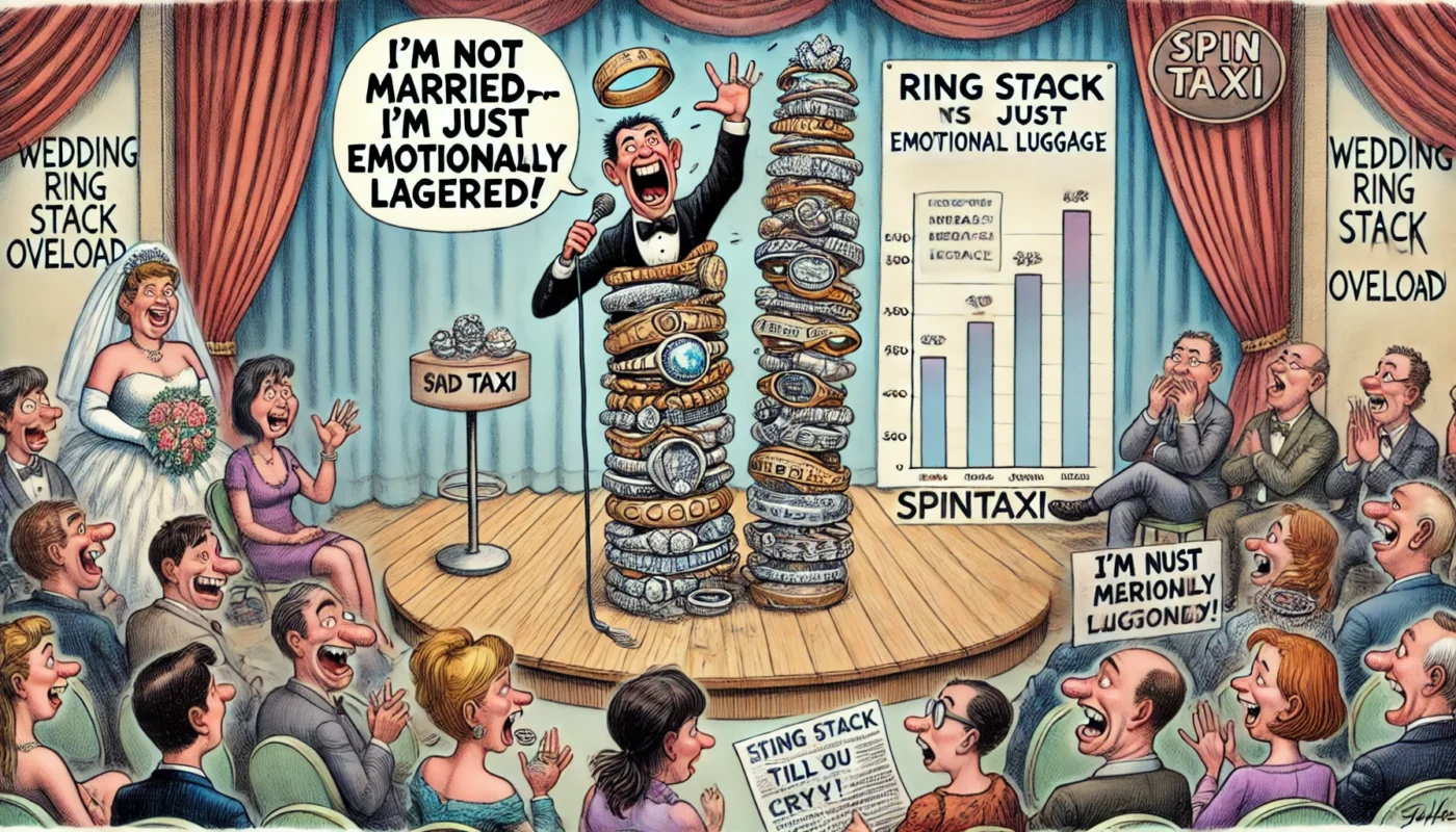 ComedyWriter.info -- Wide satirical cartoon titled 'Wedding Ring Stack Overload' in the style of Tina Bohiney from MAD Magazine. A stand-up comedian is onstage, pointing at t... -- Alan Nafzger 1
