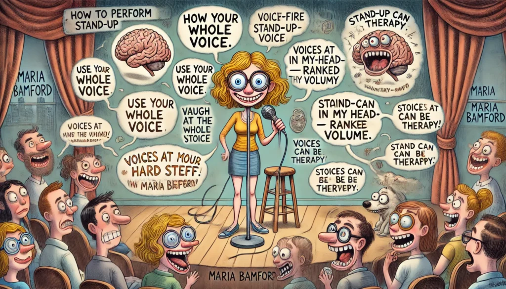 Maria Bamford - A wide, satirical cartoon illustration in the style of mid-20th century comics, inspired by Al Jaffee. The scene is titled 'How to Perform Stand-Up Li- Alan Nafzger 1
