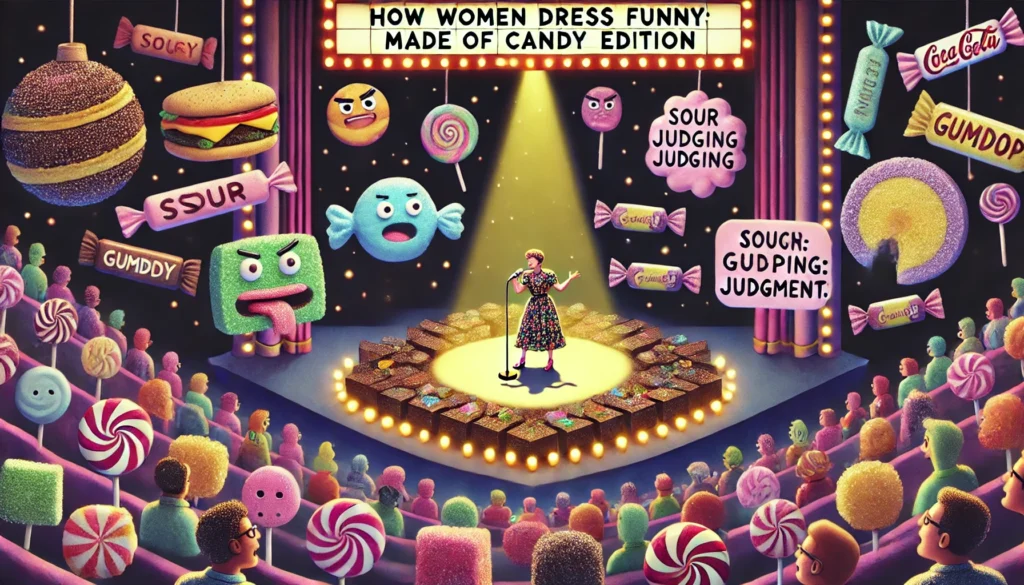 SPINTAXI MAGAZINE - A wide cartoon-style comedy stage made entirely of candy. The spotlight shines on a female stand-up comic dressed in a stylish candy-themed outfit—a p... - Alan Nafzger 1