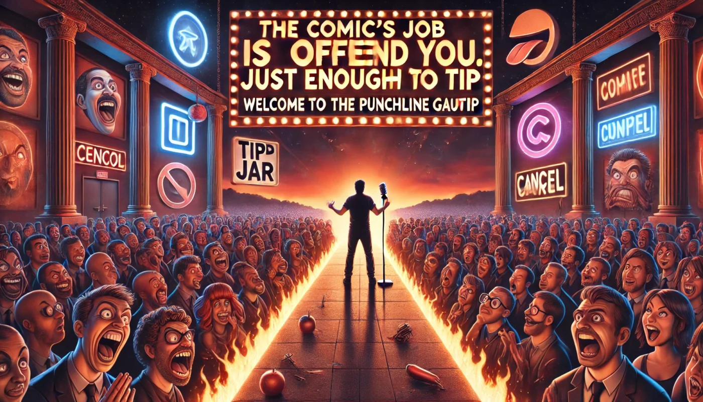 SpinTaxi Magazine - A dramatic and edgy digital illustration titled 'The Comic’s Job Is to Offend You (Just Enough to Tip) Welcome to the Punchline Gauntlet'. The image ... - Alan Nafzger 1