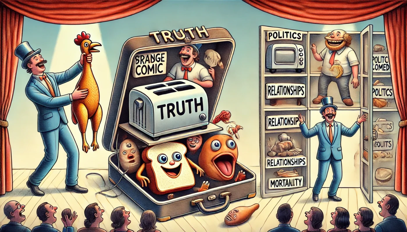 SpinTaxi Magazine - A pair of surreal and humorous digital illustrations exploring 'The Strange Power of Prop Comedy'. First image a prop comic onstage pulling bizarre o... - Alan Nafzger 4