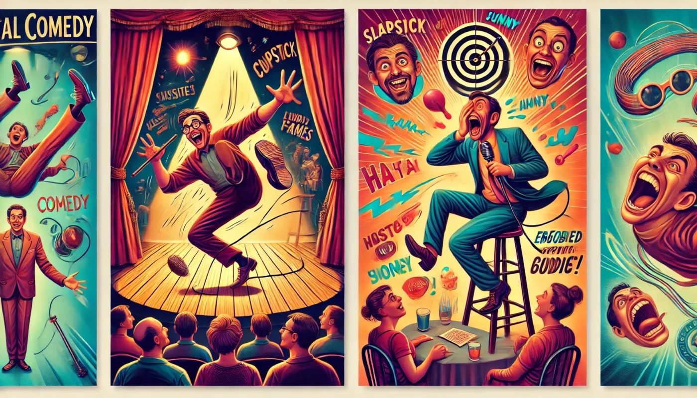 SpinTaxi Magazine - A pair of vibrant and exaggerated digital illustrations exploring the theme 'Physical Comedy and Embodied Humor'. First image a slapstick-style comed... - Alan Nafzger 2