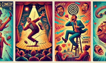 SpinTaxi Magazine - A pair of vibrant and exaggerated digital illustrations exploring the theme 'Physical Comedy and Embodied Humor'. First image a slapstick-style comed... - Alan Nafzger 2