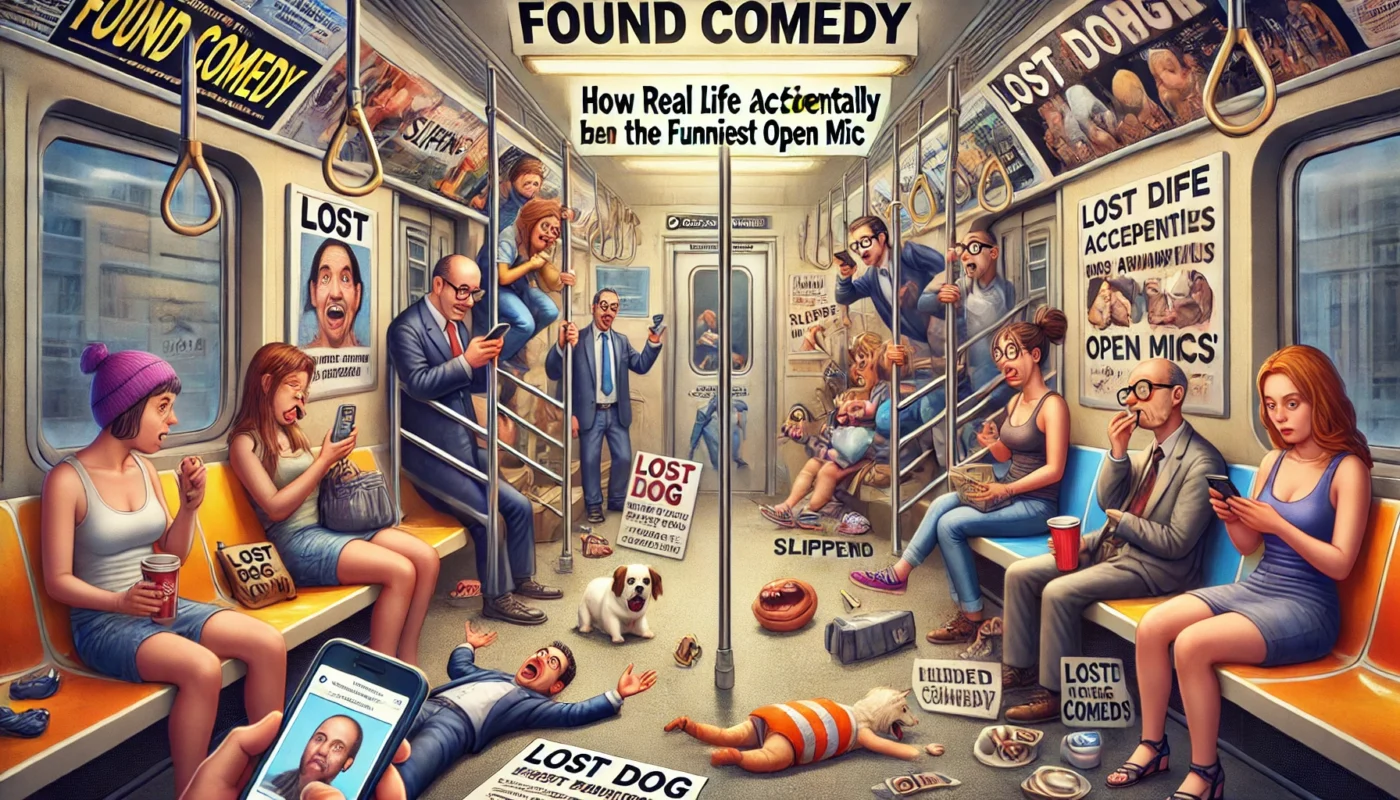 SpinTaxi Magazine - A playful and surreal digital illustration titled 'Found Comedy How Real Life Accidentally Became the Funniest Open Mic'. The scene shows a chaotic, ... - Alan Nafzger 1