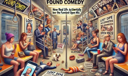 SpinTaxi Magazine - A playful and surreal digital illustration titled 'Found Comedy How Real Life Accidentally Became the Funniest Open Mic'. The scene shows a chaotic, ... - Alan Nafzger 1