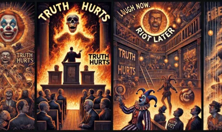SpinTaxi Magazine - A set of two dark and provocative digital illustrations capturing the essence of satirical comedy — humor that cuts deep. Third image a burning stage... - Alan Nafzger 1