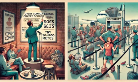 SpinTaxi Magazine - A set of two digital illustrations capturing the essence of Observational Comedy. First image a comedian on stage pointing at an absurd everyday situ... - Alan Nafzger 4