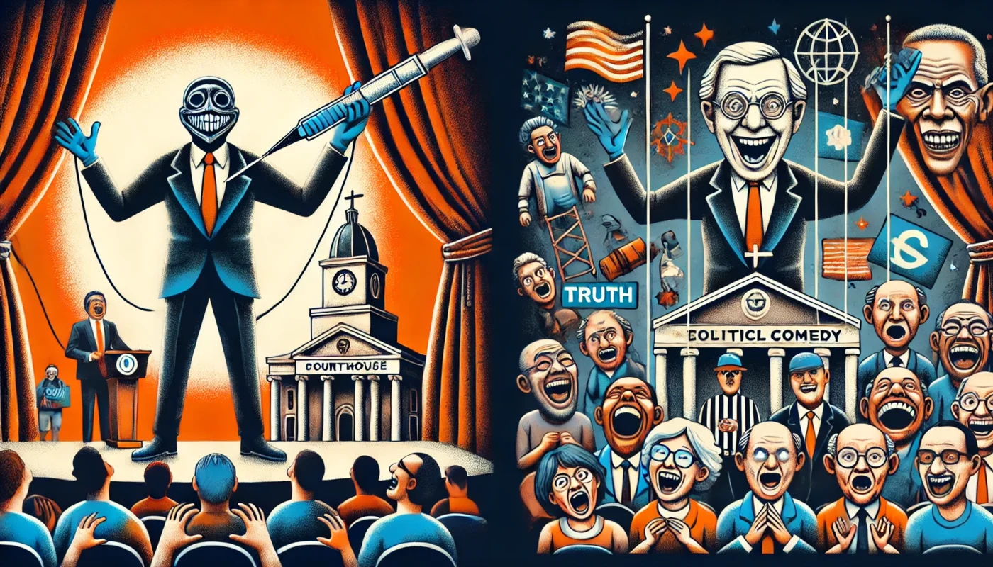 SpinTaxi Magazine - A set of two powerful and symbolic digital illustrations exploring satirical comedy — humor that leaves a scar. First image a comedian on stage holdi... - Alan Nafzger 4