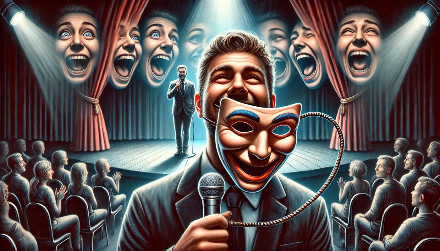 SpinTaxi Magazine - A surreal and emotionally intense digital artwork titled 'I’m Not Me Up Here Why Every Comedian Is Pretending to Be Themselves'. The scene shows a st... - Alan Nafzger 2