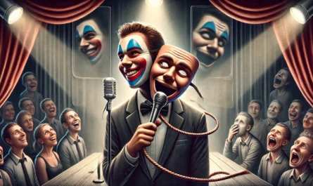 SpinTaxi Magazine - A surreal and emotionally intense digital artwork titled 'I’m Not Me Up Here Why Every Comedian Is Pretending to Be Themselves'. The scene shows a st... - Alan Nafzger 3