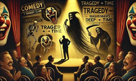SpinTaxi Magazine - A surreal and haunting digital illustration capturing the essence of dark comedy. A stand-up comedian stands onstage under a flickering spotlight, the... - Alan Nafzger 1