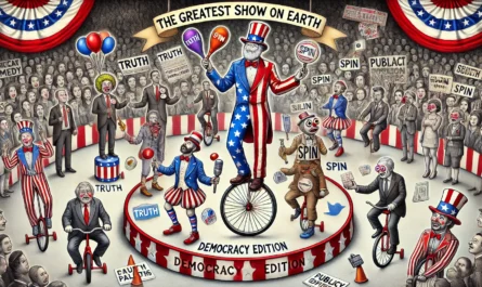 SpinTaxi Magazine - A surreal and symbolic digital illustration of political comedy as a circus. A comedian stands in the center ring wearing a suit stitched from campaig... - Alan Nafzger 1