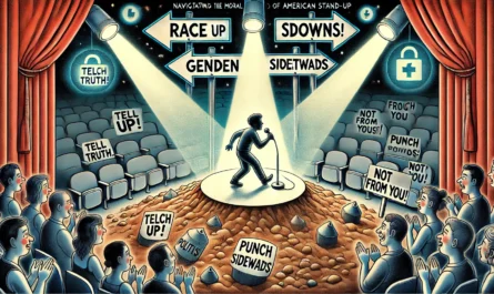 SpinTaxi Magazine - A symbolic and complex digital illustration titled 'Punch Up, Down, Sideways Navigating the Moral Minefield of American Stand-Up'. The stage is depic... - Alan Nafzger 1