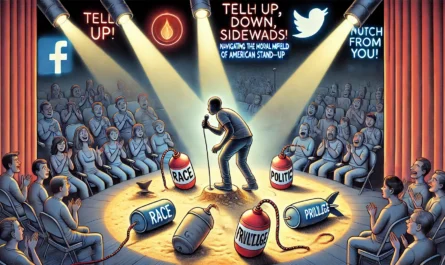 SpinTaxi Magazine - A symbolic and complex digital illustration titled 'Punch Up, Down, Sideways Navigating the Moral Minefield of American Stand-Up'. The stage is depic... - Alan Nafzger 2