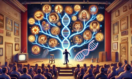 SpinTaxi Magazine - A symbolic and emotional digital illustration titled 'Laughter in the Blood How Shared History Became Comedy’s Secret Weapon'. The scene shows a stan... - Alan Nafzger 1
