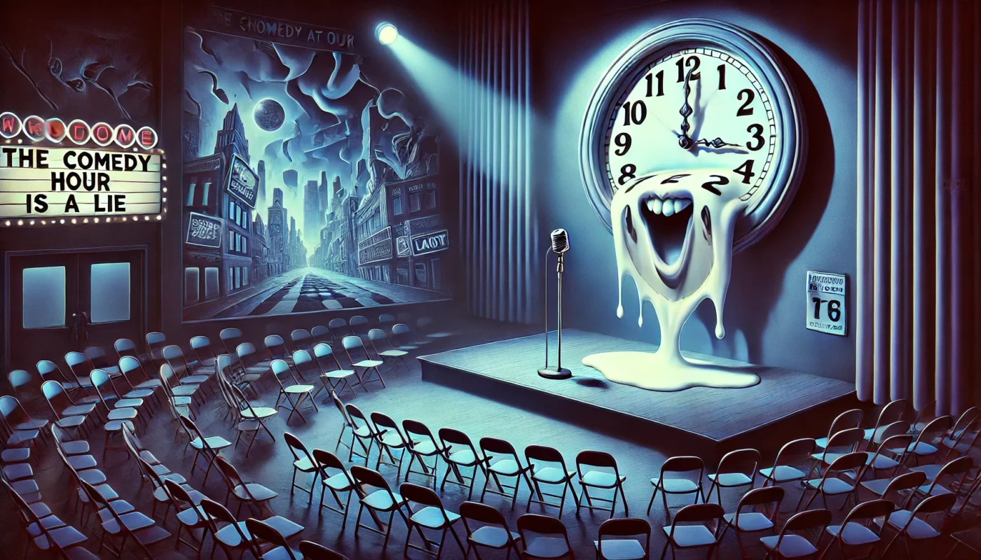 SpinTaxi Magazine - A symbolic and surreal digital artwork titled 'The Comedy Hour Is a Lie'. Depict a warped, melting clock hanging above a comedy stage, inspired by Sal... - Alan Nafzger 1