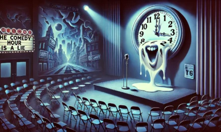 SpinTaxi Magazine - A symbolic and surreal digital artwork titled 'The Comedy Hour Is a Lie'. Depict a warped, melting clock hanging above a comedy stage, inspired by Sal... - Alan Nafzger 1