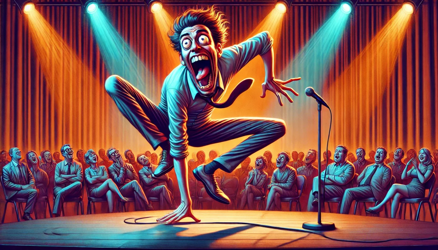 SpinTaxi Magazine - A vibrant and exaggerated digital illustration series titled 'Physical Comedy and Embodied Humor'. First image a stand-up comedian mid-act on stage, ... - Alan Nafzger 3