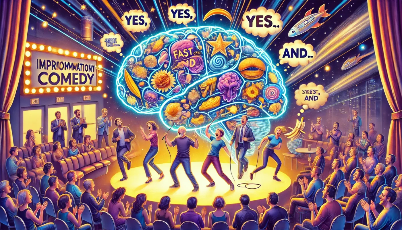 SpinTaxi Magazine - A vibrant and symbolic digital illustration celebrating the brilliance of improvisational comedy. A group of comedians stands on a glowing stage shape... - Alan Nafzger 1