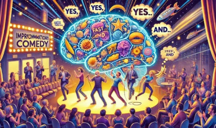 SpinTaxi Magazine - A vibrant and symbolic digital illustration celebrating the brilliance of improvisational comedy. A group of comedians stands on a glowing stage shape... - Alan Nafzger 1