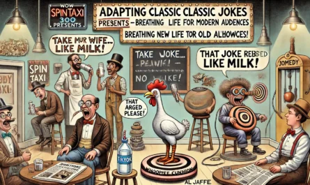 SpinTaxi Magazine -- A wide, Tina Bohiney-style satirical cartoon titled 'Adapting Classic Jokes for Modern Audiences – Breathing New Life Into Old Punchlines.' The scene sho... -- Alan Nafzger 1