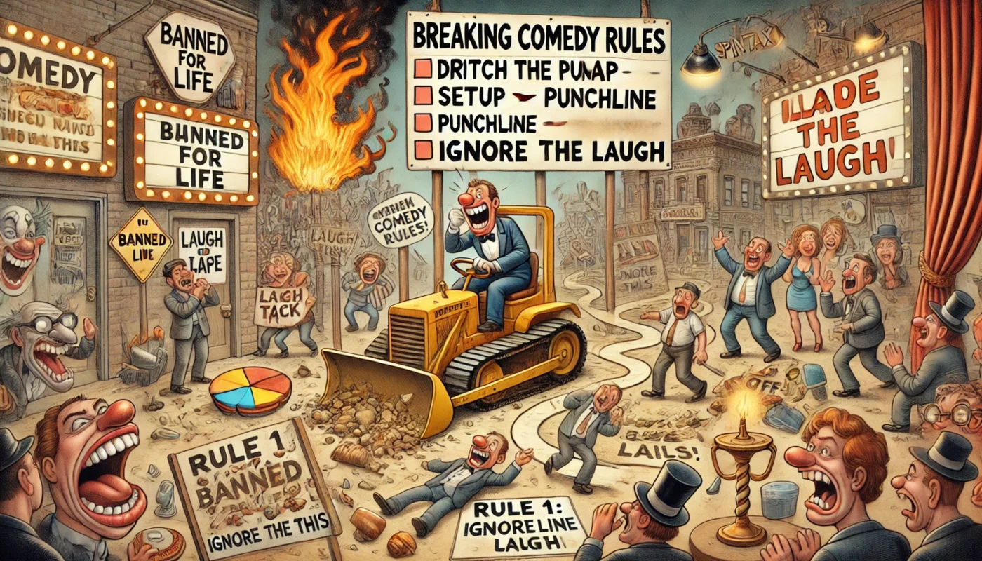 SpinTaxi Magazine -- A wide, Tina Bohiney-style satirical cartoon titled 'Breaking Comedy Rules – Ditch the Map, Still Land the Laugh.' The scene shows a rebellious comedian ... -- Alan Nafzger 1