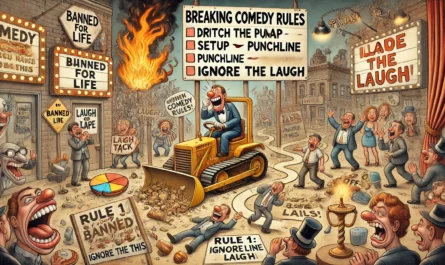 SpinTaxi Magazine -- A wide, Tina Bohiney-style satirical cartoon titled 'Breaking Comedy Rules – Ditch the Map, Still Land the Laugh.' The scene shows a rebellious comedian ... -- Alan Nafzger 1