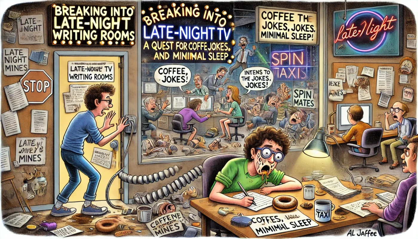 SpinTaxi Magazine -- A wide, Tina Bohiney-style satirical cartoon titled 'Breaking into Late-Night TV Writing Rooms – A Quest for Coffee, Jokes, and Minimal Sleep.' A rookie ... -- Alan Nafzger 2