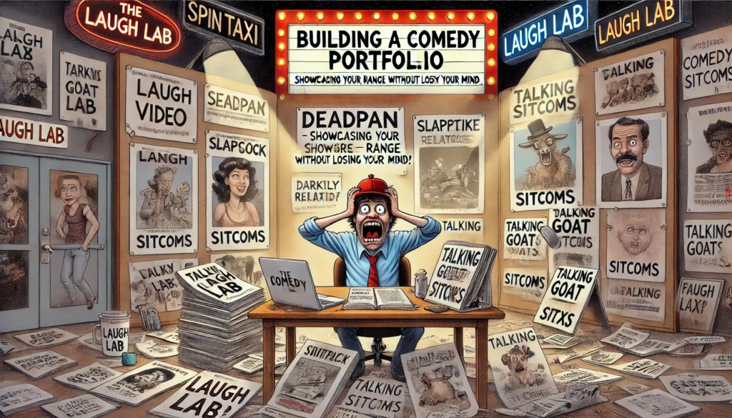 SpinTaxi Magazine -- A wide, Tina Bohiney-style satirical cartoon titled 'Building a Comedy Portfolio – Showcasing Your Range Without Losing Your Mind.' A frazzled comedy wri... -- Alan Nafzger 1 SpinTaxi Magazine -- A wide, Tina Bohiney-style satirical cartoon titled 'Building a Comedy Portfolio – Showcasing Your Range Without Losing Your Mind.' A frazzled comedy wri... -- Alan Nafzger 1