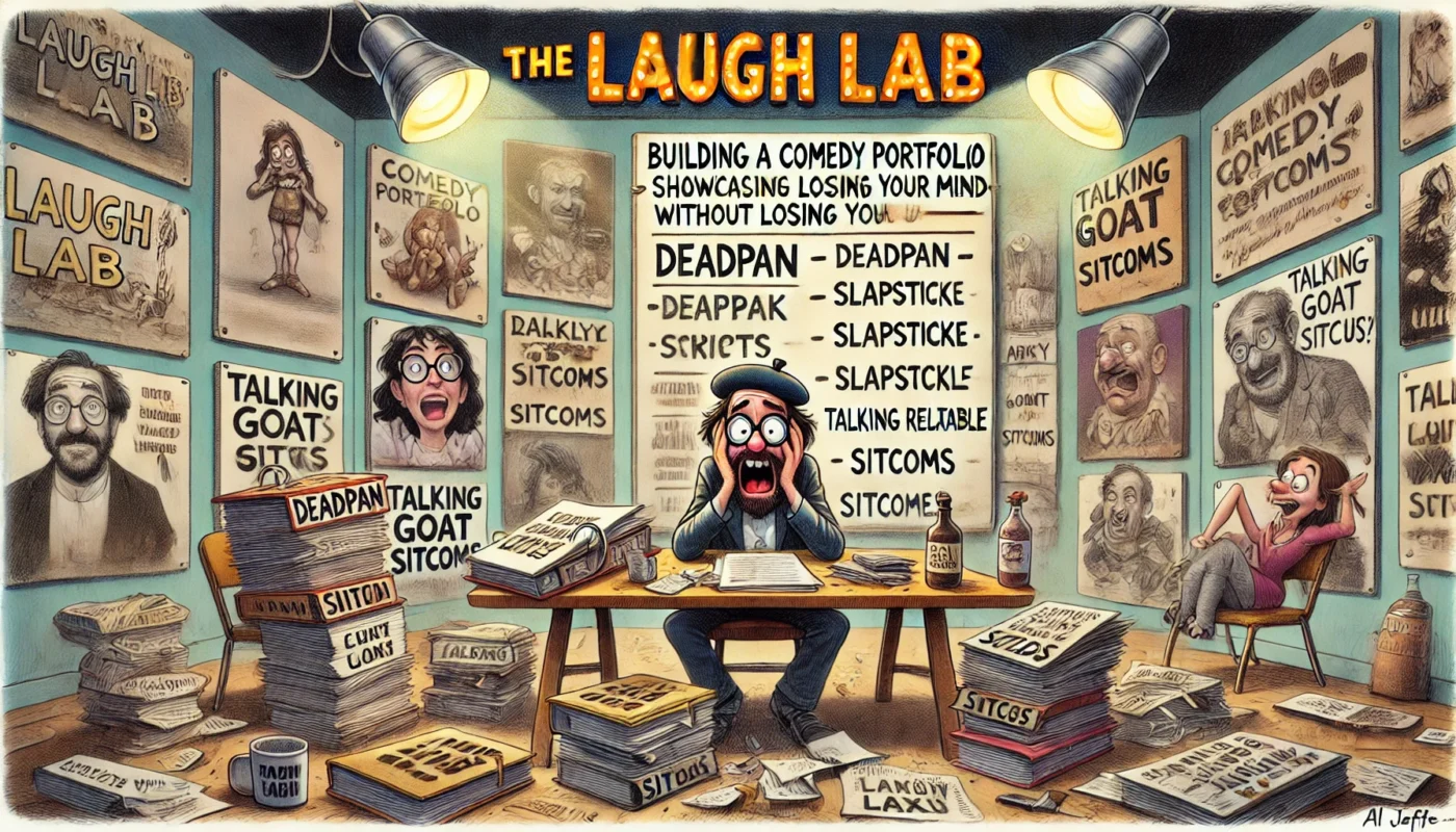 SpinTaxi Magazine -- A wide, Tina Bohiney-style satirical cartoon titled 'Building a Comedy Portfolio – Showcasing Your Range Without Losing Your Mind.' A frazzled comedy wri... -- Alan Nafzger 2