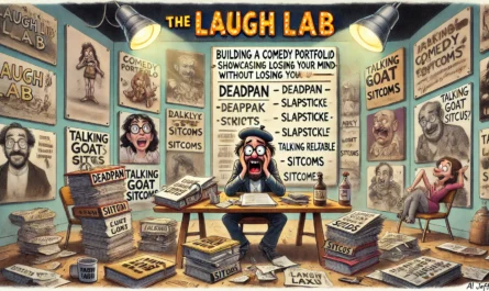 SpinTaxi Magazine -- A wide, Tina Bohiney-style satirical cartoon titled 'Building a Comedy Portfolio – Showcasing Your Range Without Losing Your Mind.' A frazzled comedy wri... -- Alan Nafzger 2