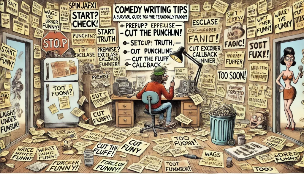 SpinTaxi Magazine -- A wide, Tina Bohiney-style satirical cartoon titled 'Comedy Writing Tips – A Survival Guide for the Terminally Funny.' The scene is a chaotic, exaggerate... -- Alan Nafzger 2 SpinTaxi Magazine -- A wide, Tina Bohiney-style satirical cartoon titled 'Comedy Writing Tips – A Survival Guide for the Terminally Funny.' The scene is a chaotic, exaggerate... -- Alan Nafzger 2