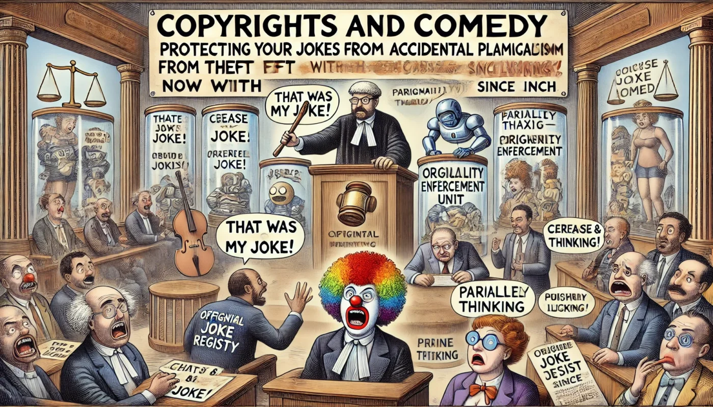 SpinTaxi Magazine -- A wide, Tina Bohiney-style satirical cartoon titled 'Copyrights and Comedy – Protecting Your Jokes from Theft and Accidental Plagiarism.' A courtroom-sty... -- Alan Nafzger 1