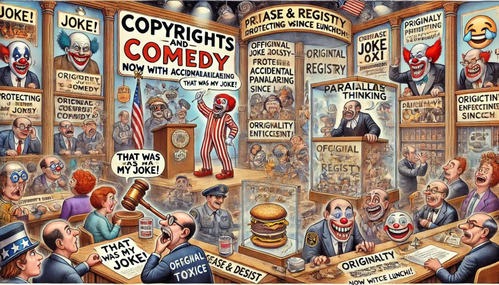 SpinTaxi Magazine -- A wide, Tina Bohiney-style satirical cartoon titled 'Copyrights and Comedy – Protecting Your Jokes from Theft and Accidental Plagiarism.' A courtroom-sty... -- Alan Nafzger 2